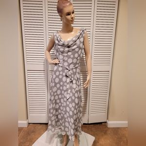 JBS Full Swing Circle Cowl Droopy Back Dress Gray White Polka Dots Chiffon Sz 8
